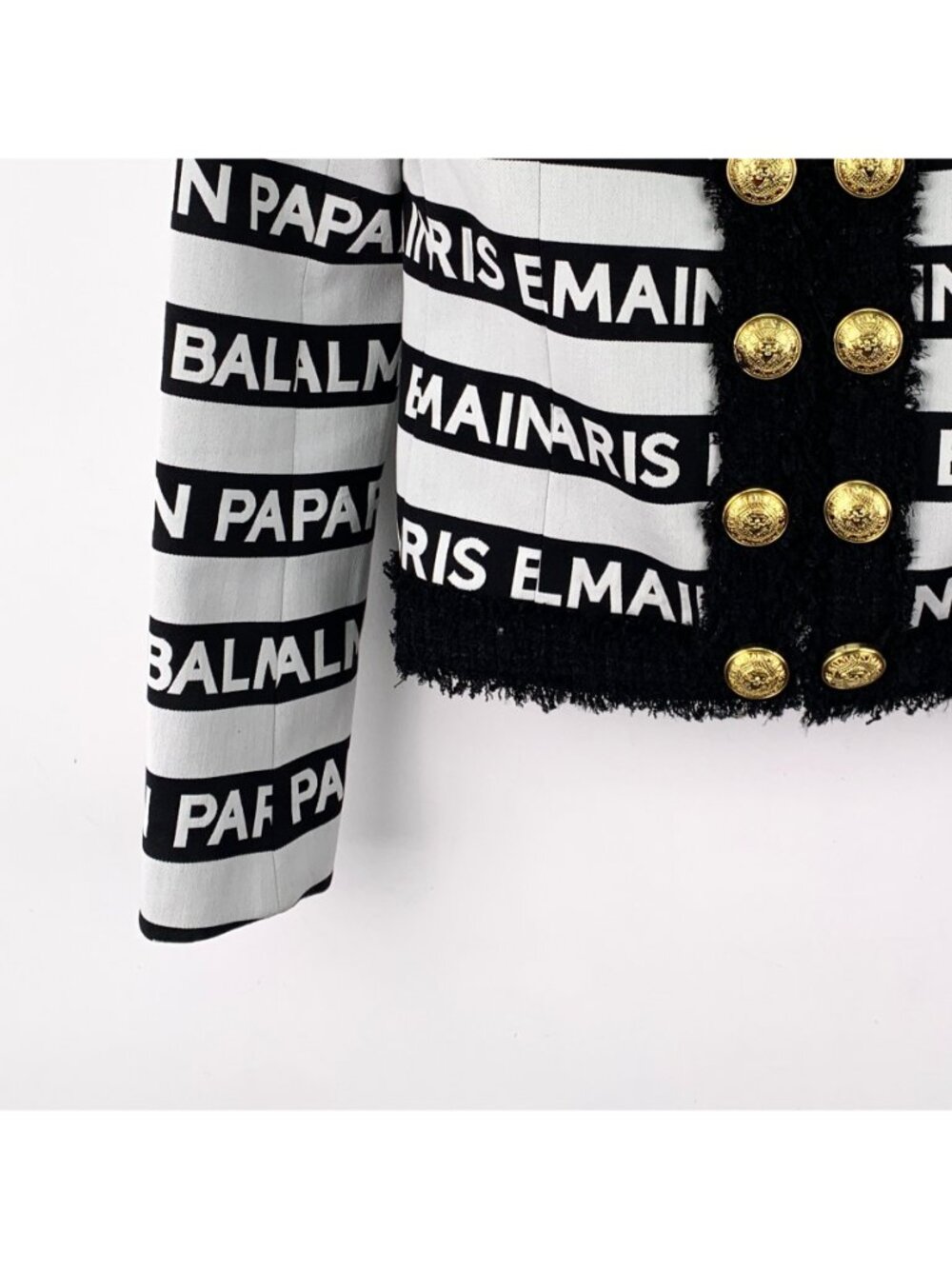 Balmain White Striped Logo Print Double-Breasted Cotton Jacket - Picture 4 of 7